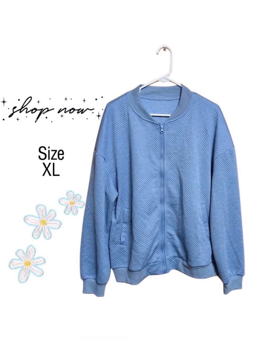 🩵 Boutique Powder Blue Textured Bomber Jacket XL Like New - Picture 2 of 5